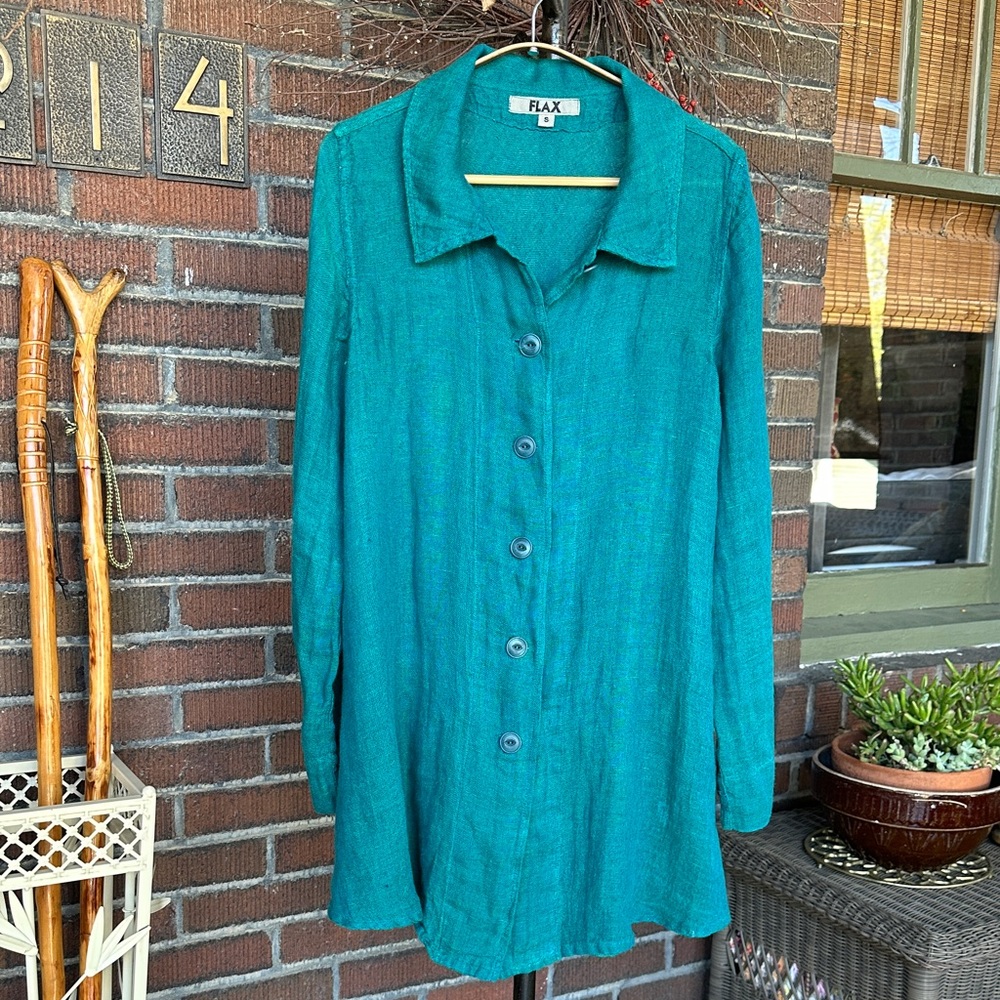 Flax teal green linen Lagenlook 2pc pants tunic/jacket. Size Small - Picture 2 of 13